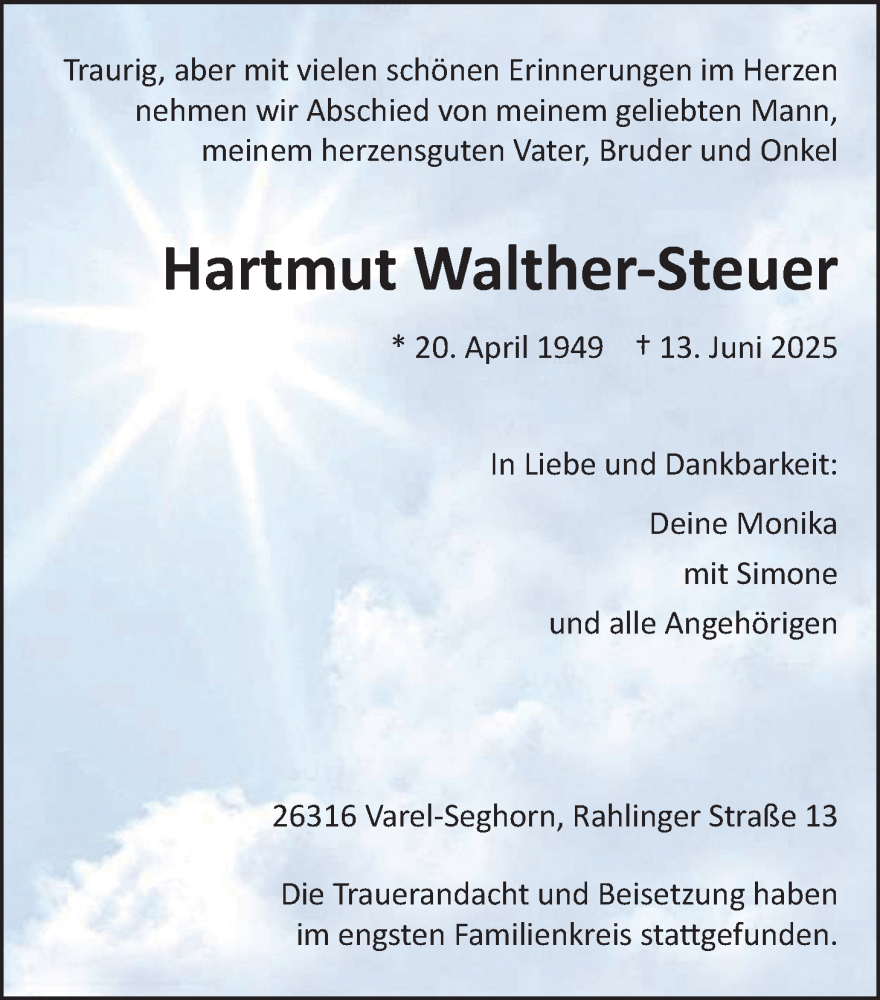  Traueranzeige für Hartmut Walther-Steuer vom 27.06.2025 aus Nordwest-Zeitung