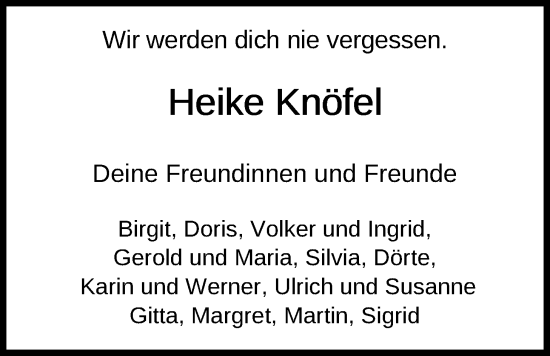 Traueranzeige von Heike Knöfel von Nordwest-Zeitung