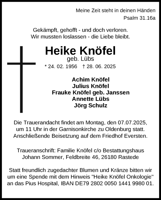 Traueranzeige von Heike Knöfel von Nordwest-Zeitung