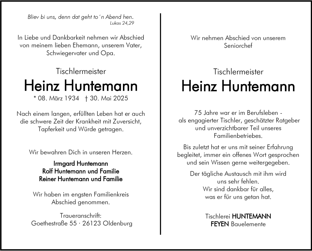  Traueranzeige für Heinz Huntemann vom 07.06.2025 aus Nordwest-Zeitung