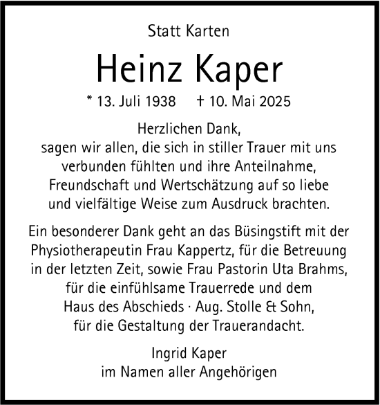 Traueranzeige von Heinz Kaper von Nordwest-Zeitung