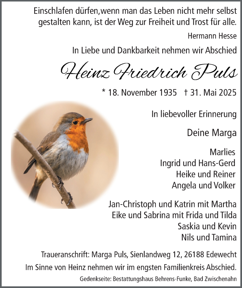  Traueranzeige für Heinz Friedrich Puls vom 06.06.2025 aus Nordwest-Zeitung