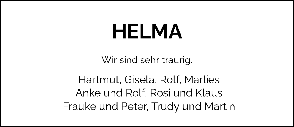  Traueranzeige für Helma Schütte vom 28.06.2025 aus Nordwest-Zeitung