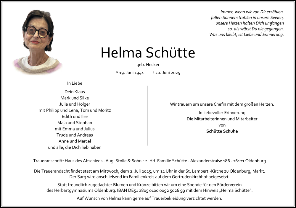  Traueranzeige für Helma Schütte vom 28.06.2025 aus Nordwest-Zeitung