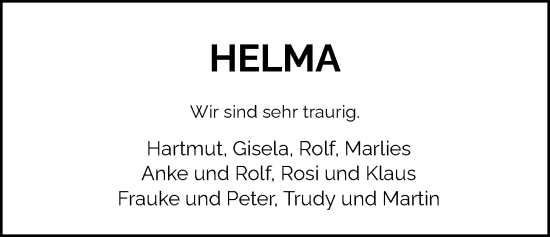 Traueranzeige von Helma Schütte von Nordwest-Zeitung