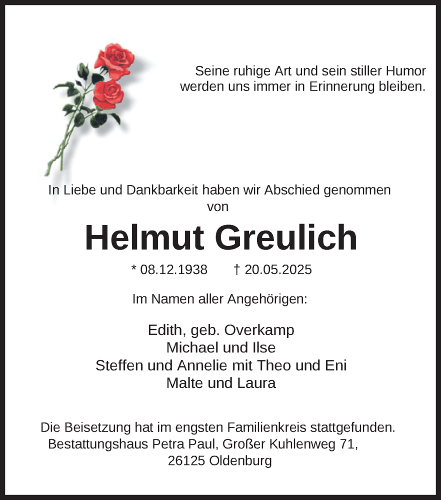  Traueranzeige für Helmut Greulich vom 21.06.2025 aus Nordwest-Zeitung