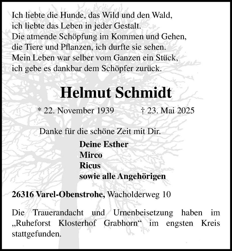  Traueranzeige für Helmut Schmidt vom 20.06.2025 aus Nordwest-Zeitung