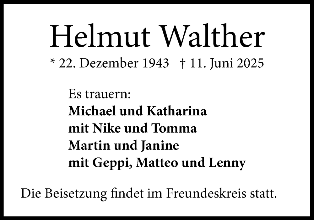  Traueranzeige für Helmut Walther vom 21.06.2025 aus Nordwest-Zeitung
