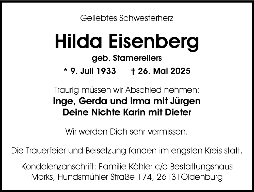  Traueranzeige für Hilda Eisenberg vom 14.06.2025 aus Nordwest-Zeitung