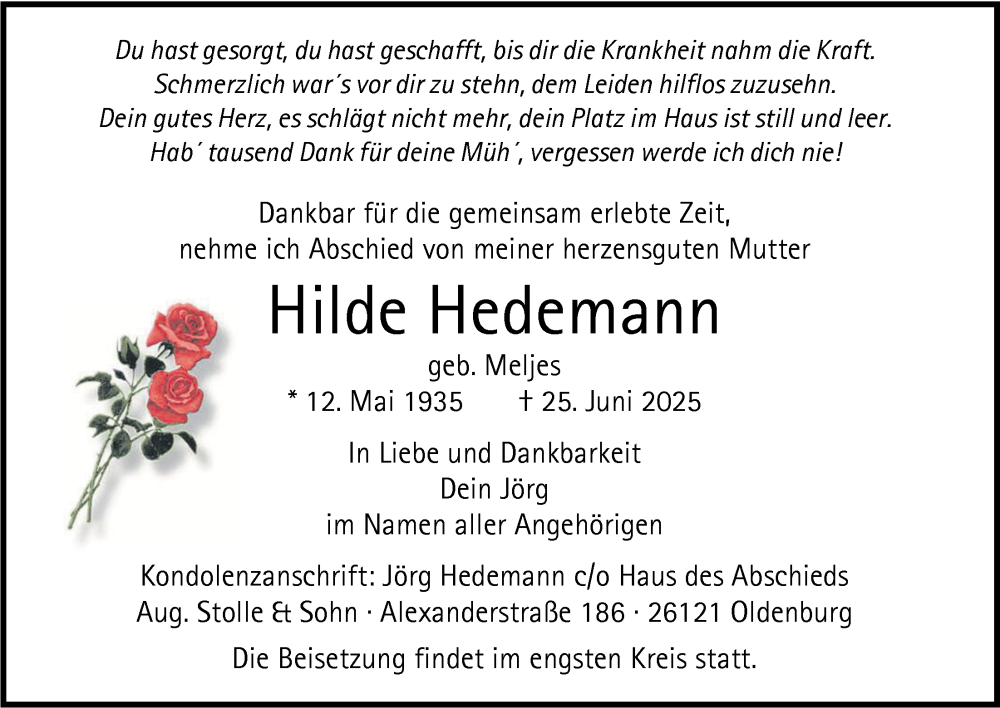  Traueranzeige für Hilde Hedemann vom 28.06.2025 aus Nordwest-Zeitung
