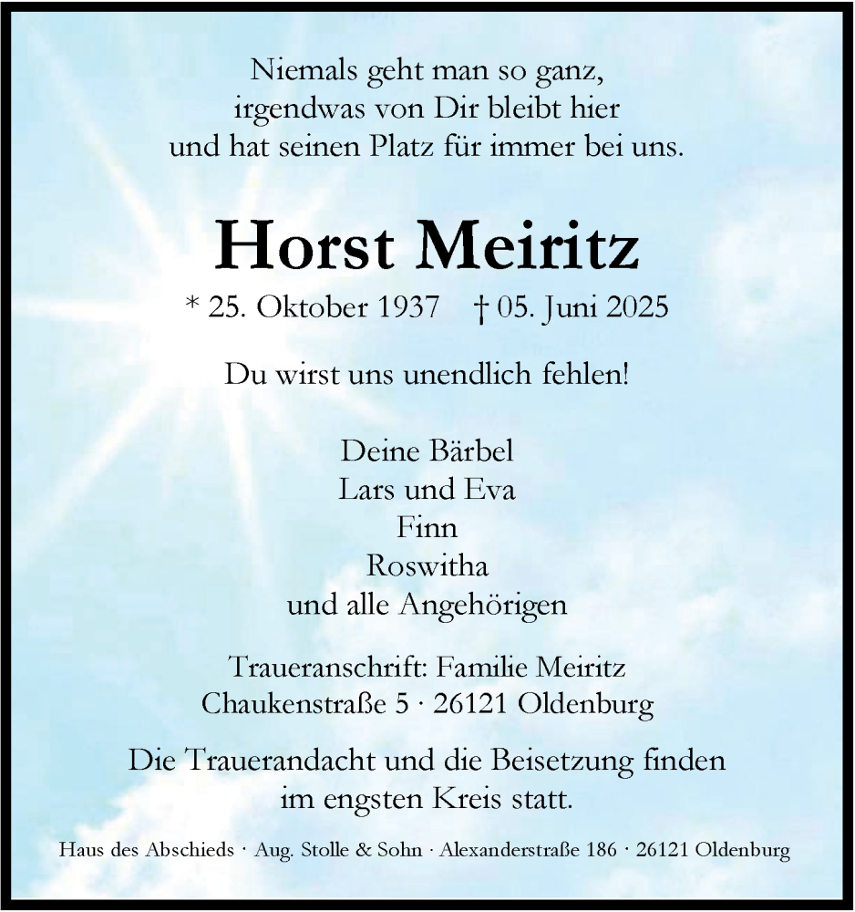  Traueranzeige für Horst Meiritz vom 14.06.2025 aus Nordwest-Zeitung