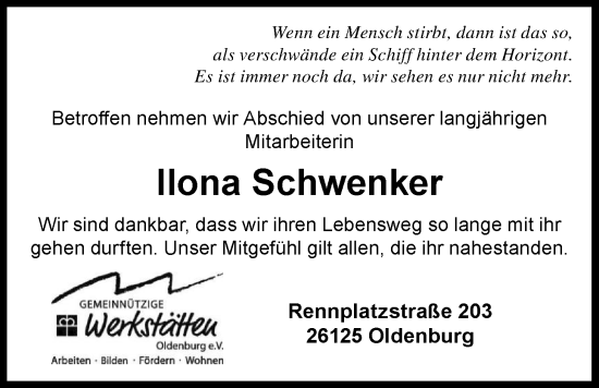 Traueranzeige von Ilona Schwenker von Nordwest-Zeitung