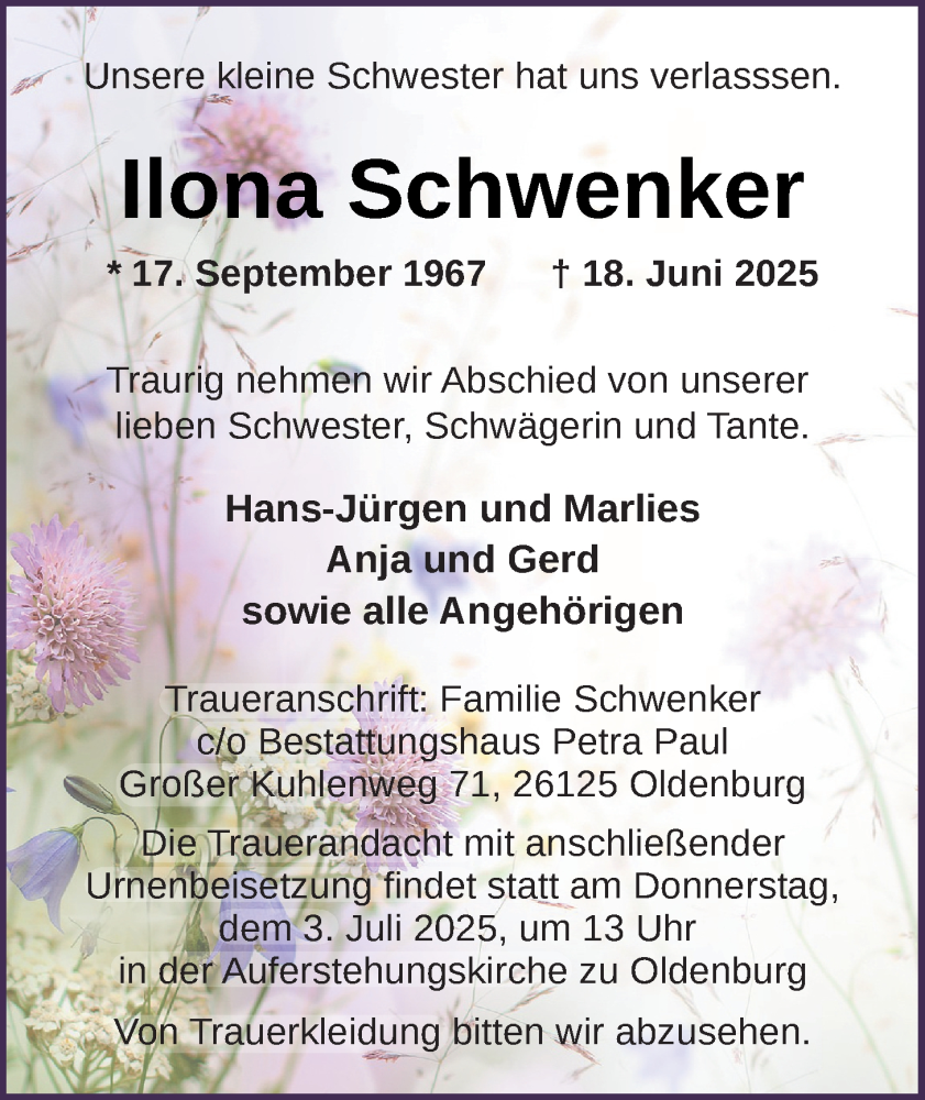  Traueranzeige für Ilona Schwenker vom 28.06.2025 aus Nordwest-Zeitung