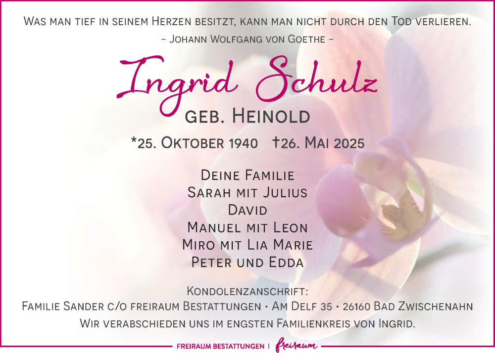  Traueranzeige für Ingrid Schulz vom 07.06.2025 aus Nordwest-Zeitung