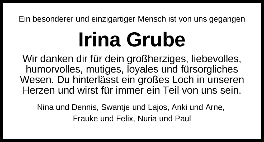  Traueranzeige für Irina Grube vom 11.06.2025 aus Nordwest-Zeitung