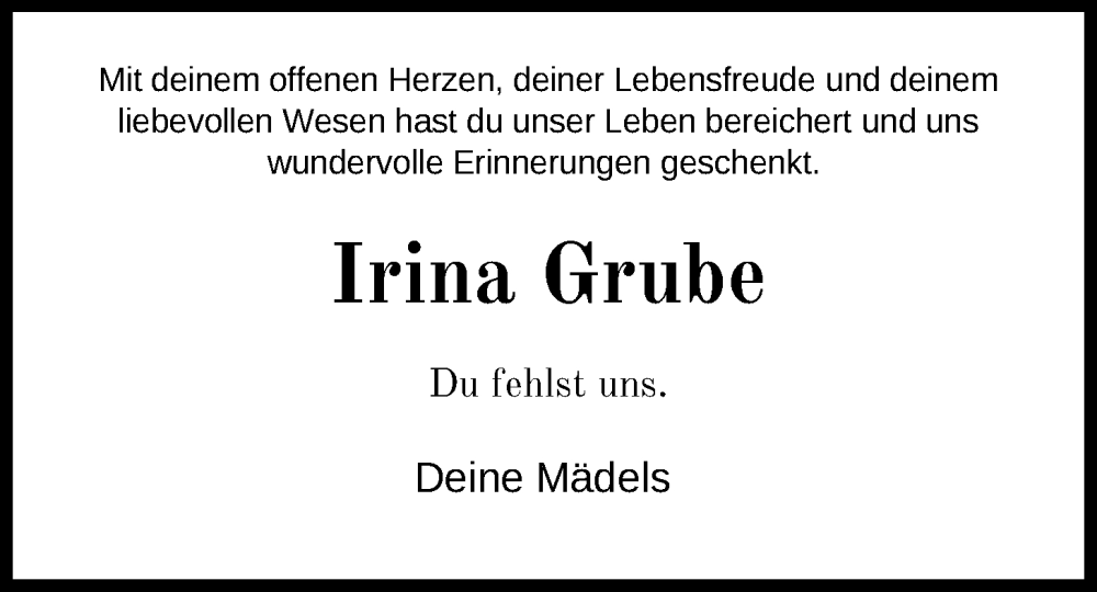  Traueranzeige für Irina Grube vom 07.06.2025 aus Nordwest-Zeitung