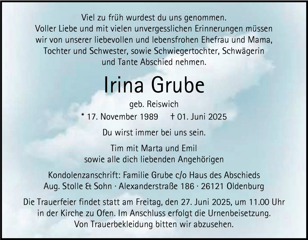  Traueranzeige für Irina Grube vom 07.06.2025 aus Nordwest-Zeitung
