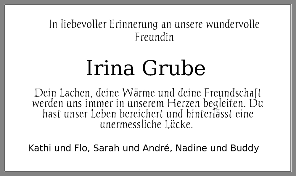  Traueranzeige für Irina Grube vom 07.06.2025 aus Nordwest-Zeitung