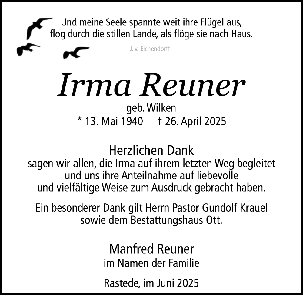  Traueranzeige für Irma Reuner vom 07.06.2025 aus Nordwest-Zeitung