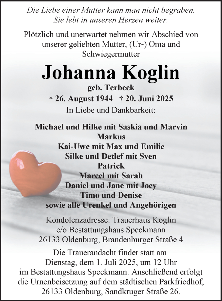  Traueranzeige für Johanna Koglin vom 27.06.2025 aus Nordwest-Zeitung