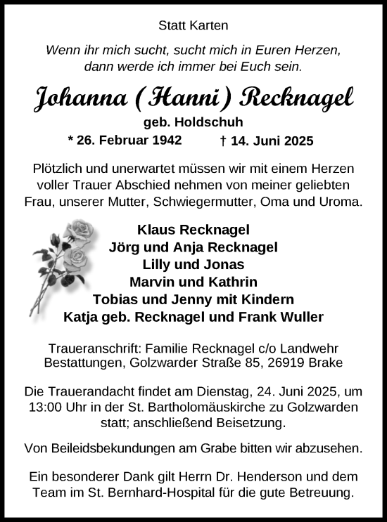 Traueranzeige von Johanna Recknagel von Nordwest-Zeitung