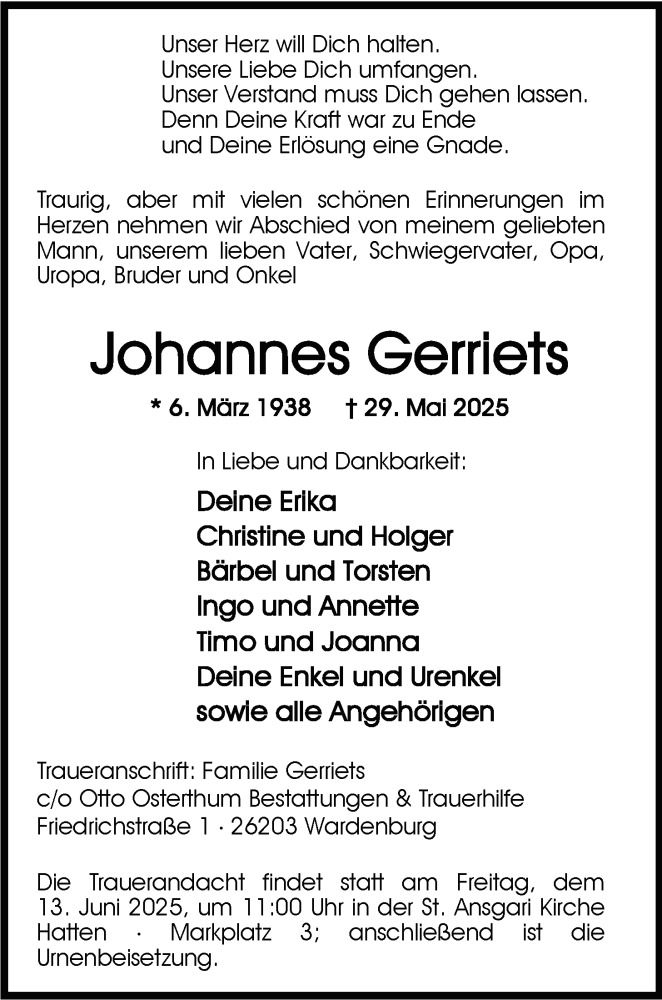  Traueranzeige für Johannes Gerriets vom 07.06.2025 aus Nordwest-Zeitung