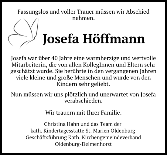 Traueranzeige von Josefa Höffmann von Nordwest-Zeitung