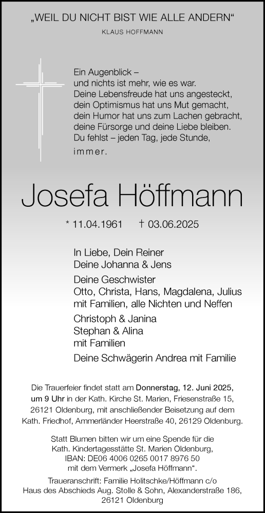 Traueranzeige von Josefa Höffmann von Nordwest-Zeitung