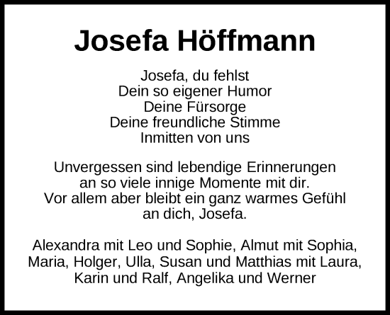 Traueranzeige von Josefa Höffmann von Nordwest-Zeitung