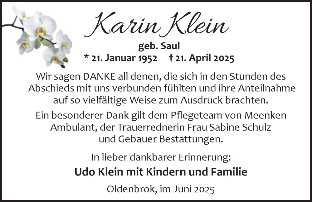  Traueranzeige für Karin Klein vom 14.06.2025 aus Nordwest-Zeitung