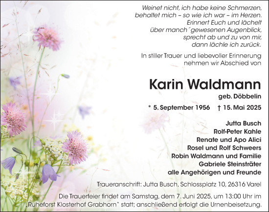 Traueranzeige von Karin Waldmann von Nordwest-Zeitung
