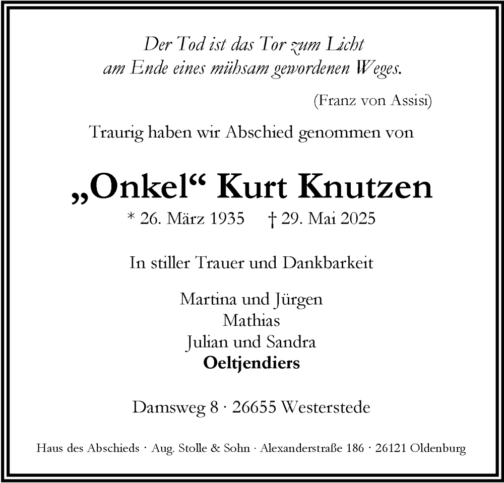  Traueranzeige für Kurt Knutzen vom 07.06.2025 aus Nordwest-Zeitung
