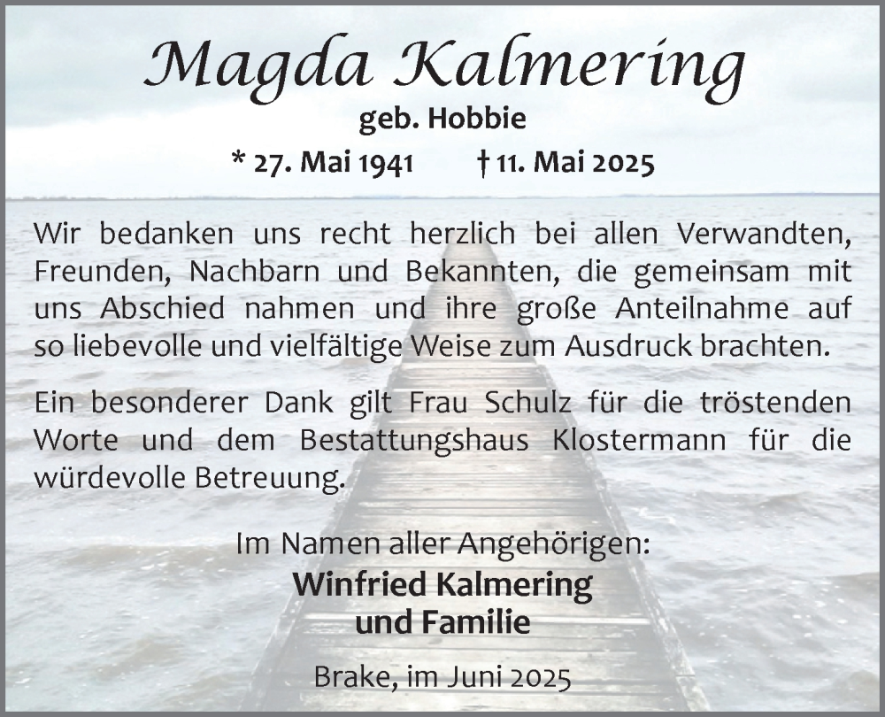  Traueranzeige für Magda Kalmering vom 28.06.2025 aus Nordwest-Zeitung