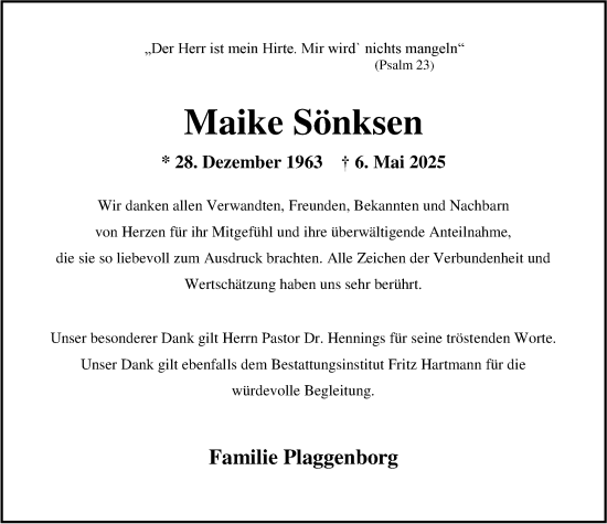 Traueranzeige von Maike Sönksen von Nordwest-Zeitung
