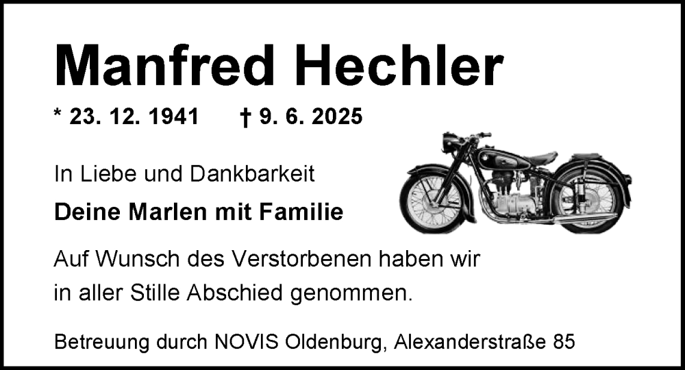  Traueranzeige für Manfred Hechler vom 28.06.2025 aus Nordwest-Zeitung