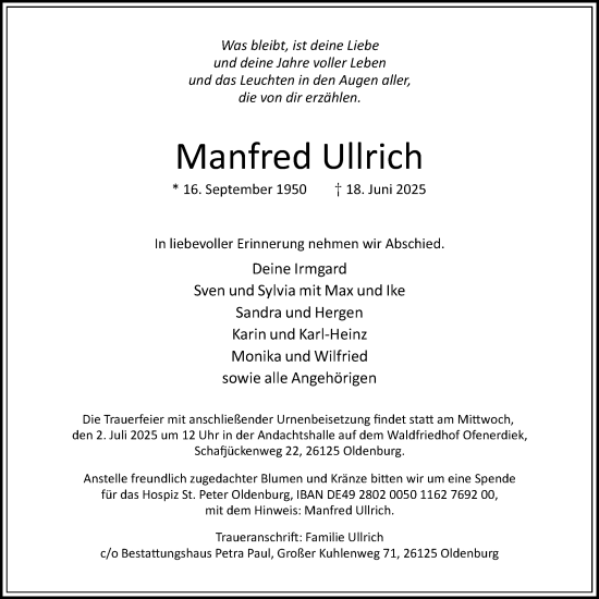 Traueranzeige von Manfred Ullrich von Nordwest-Zeitung
