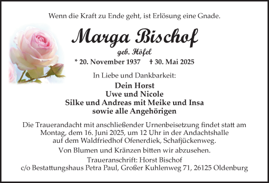 Traueranzeige von Marga Bischof von Nordwest-Zeitung