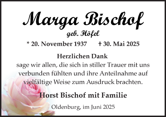 Traueranzeige von Marga Bischof von Nordwest-Zeitung