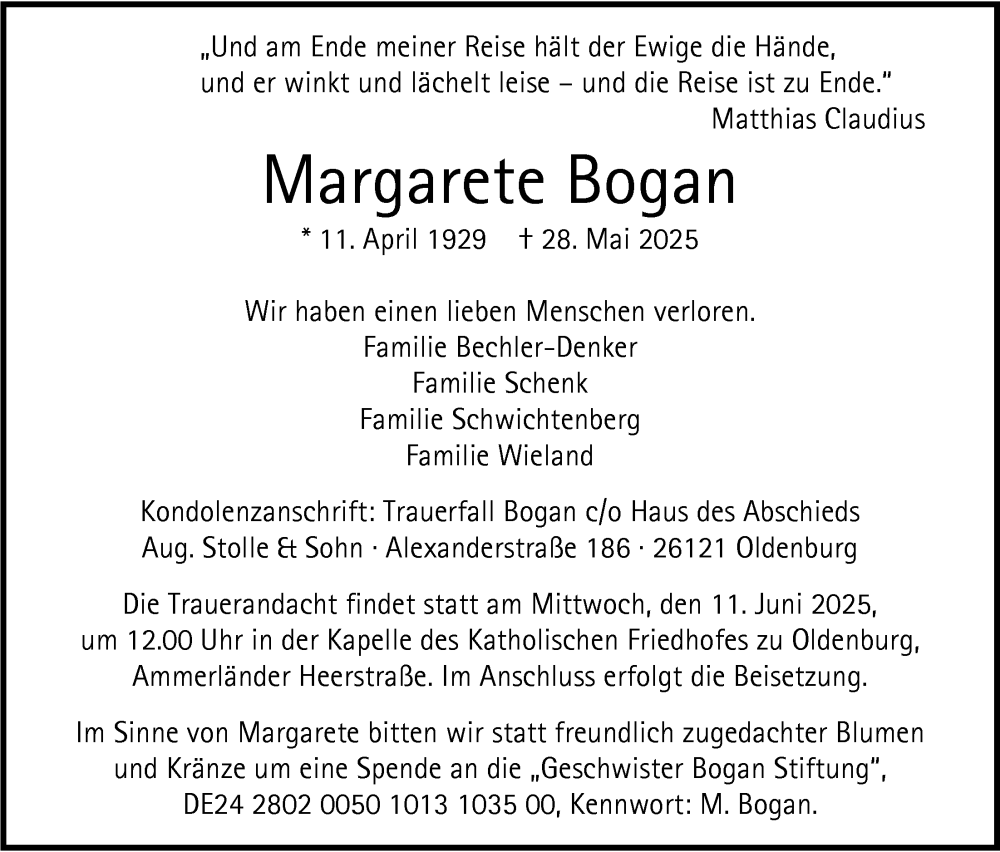  Traueranzeige für Margarete Bogan vom 07.06.2025 aus Nordwest-Zeitung