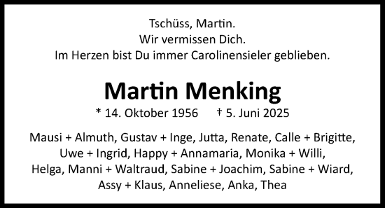 Traueranzeige von Martin Menking von WZ/JW/AH