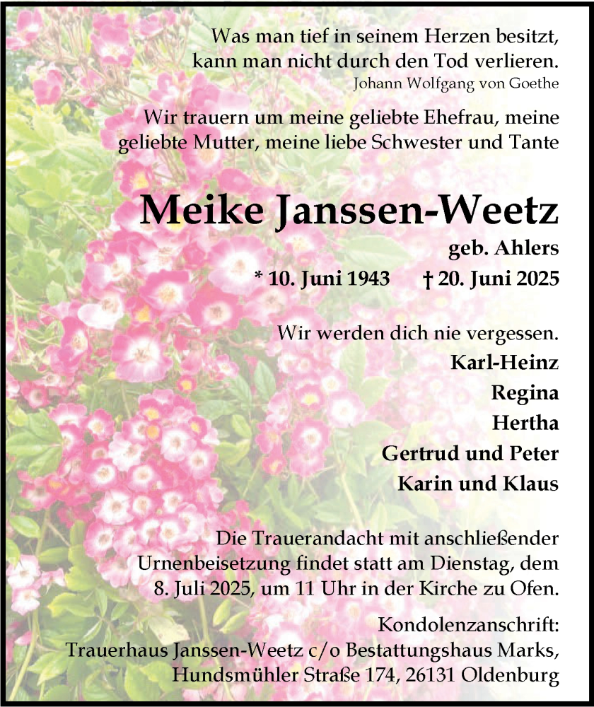  Traueranzeige für Meike Janssen-Weetz vom 28.06.2025 aus Nordwest-Zeitung