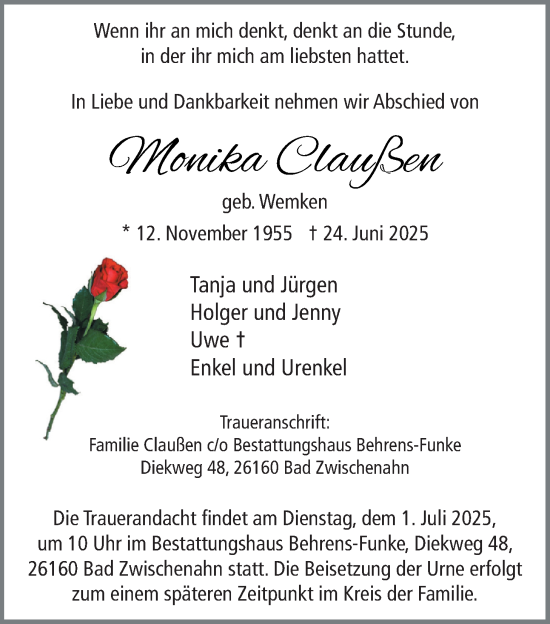 Traueranzeige von Monika Claußen von Nordwest-Zeitung