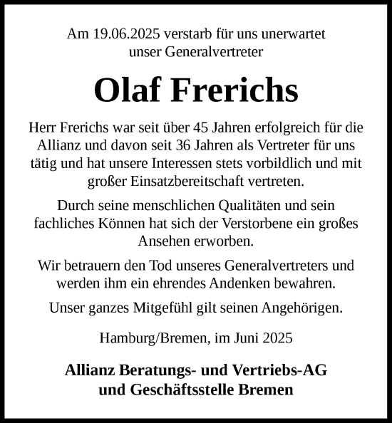 Traueranzeige von Olaf Frerichs von Nordwest-Zeitung
