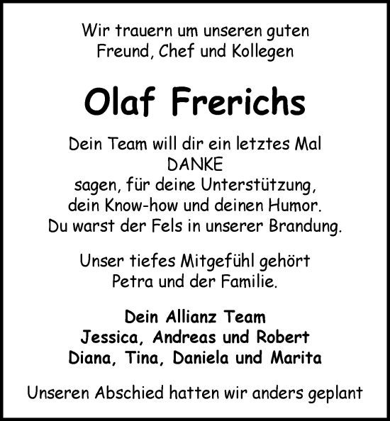 Traueranzeige von Olaf Frerichs von Nordwest-Zeitung