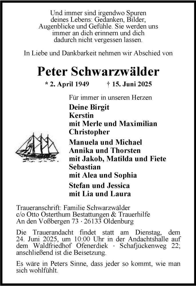  Traueranzeige für Peter Schwarzwälder vom 21.06.2025 aus Nordwest-Zeitung