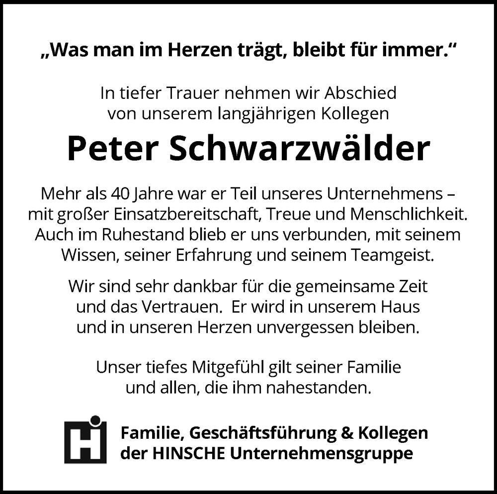  Traueranzeige für Peter Schwarzwälder vom 21.06.2025 aus Nordwest-Zeitung