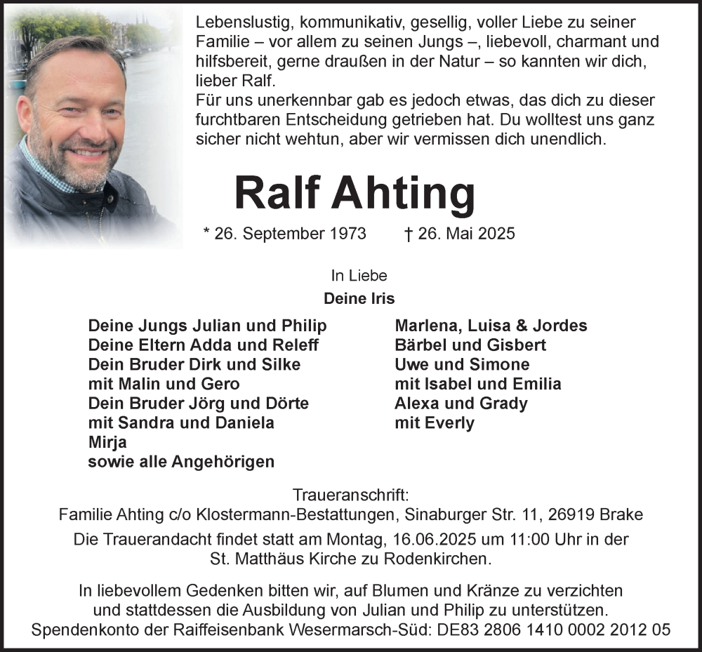  Traueranzeige für Ralf Ahting vom 07.06.2025 aus Nordwest-Zeitung