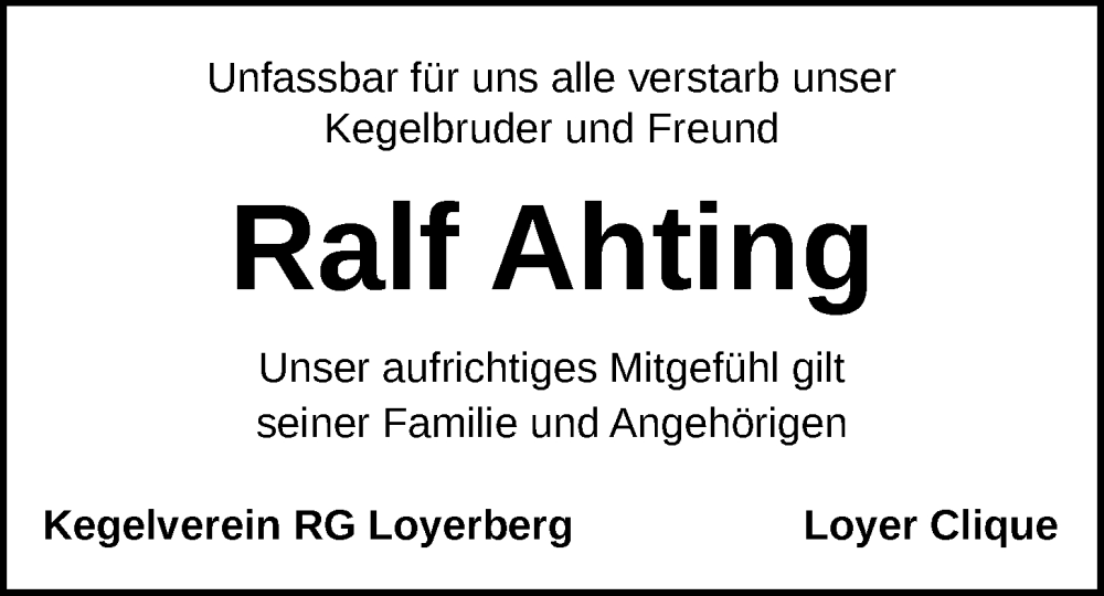  Traueranzeige für Ralf Ahting vom 07.06.2025 aus Nordwest-Zeitung