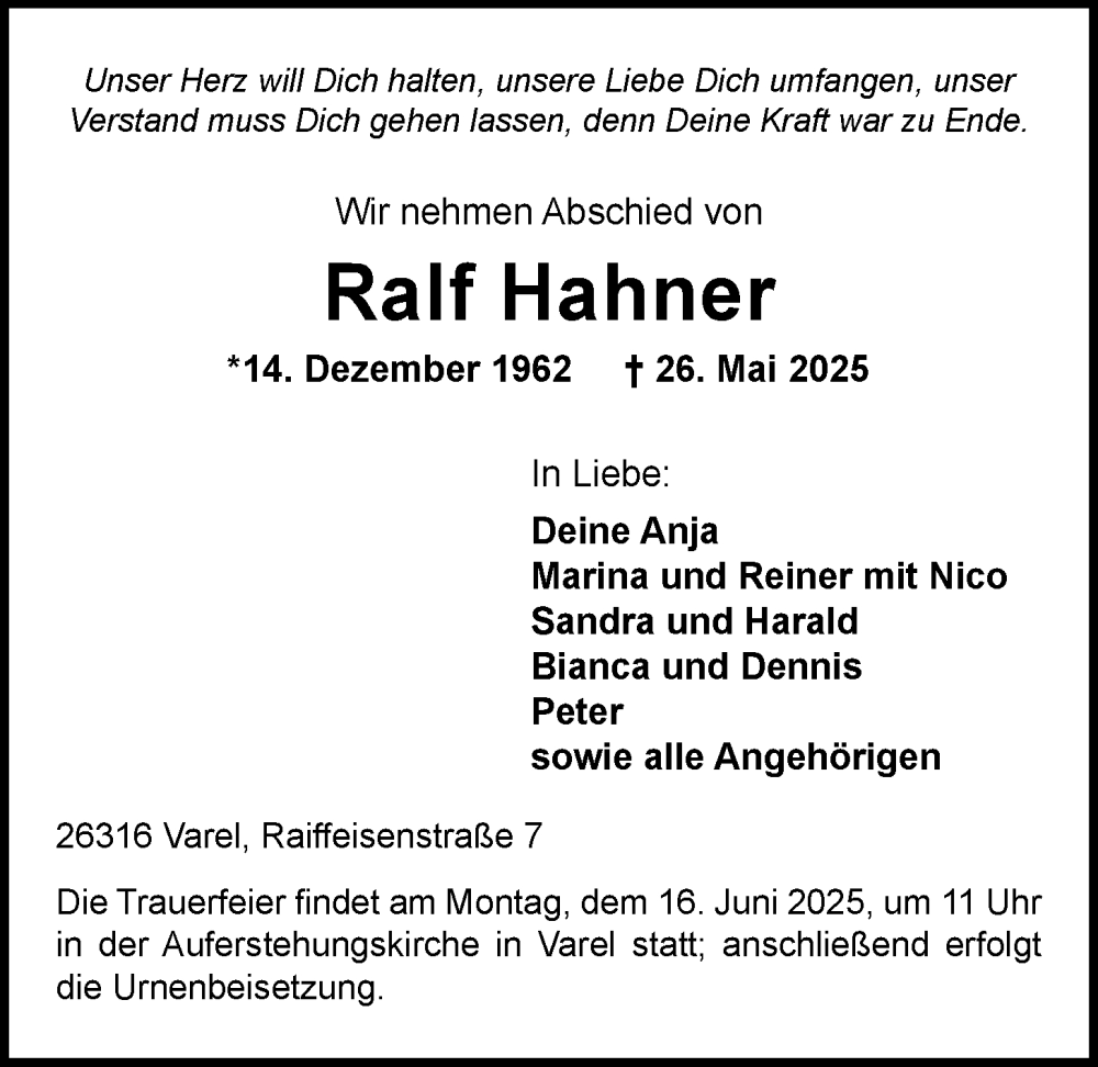  Traueranzeige für Ralf Hahner vom 13.06.2025 aus Nordwest-Zeitung
