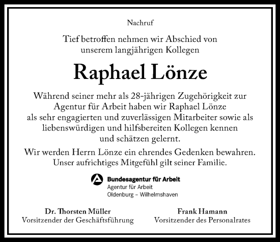 Traueranzeige von Raphael Lönze von WZ/JW/AH